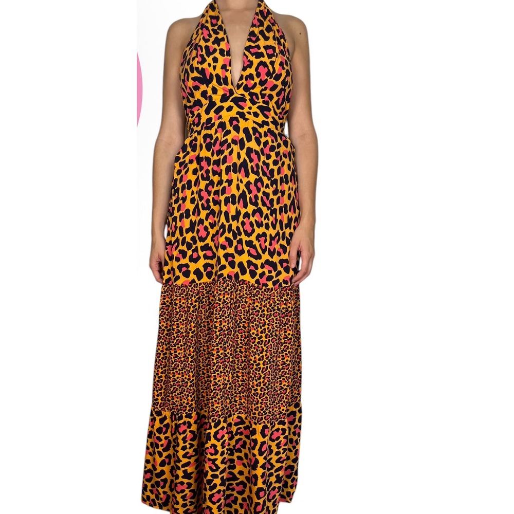 Maaji Leopard Print‎ Halter Neck Tiered Maxi Dress size Large